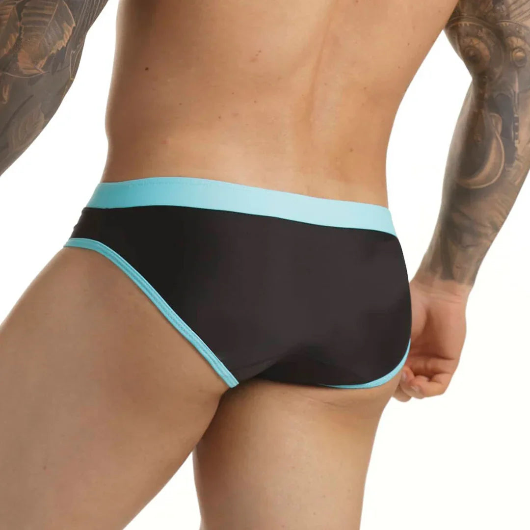 Active Black Blue Swim Brief on model by Gigo Underwear