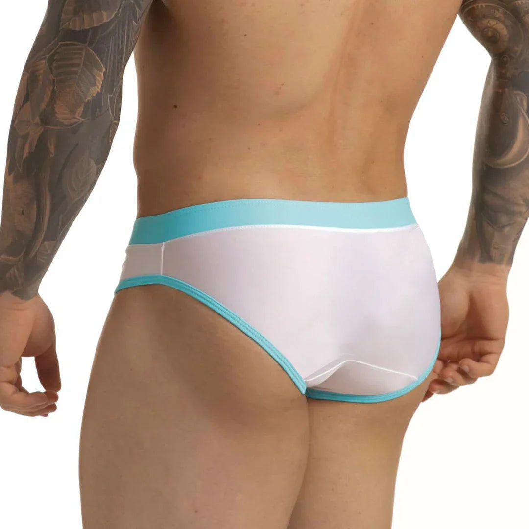 Active White Blue Swim Brief front view by Gigo Underwear