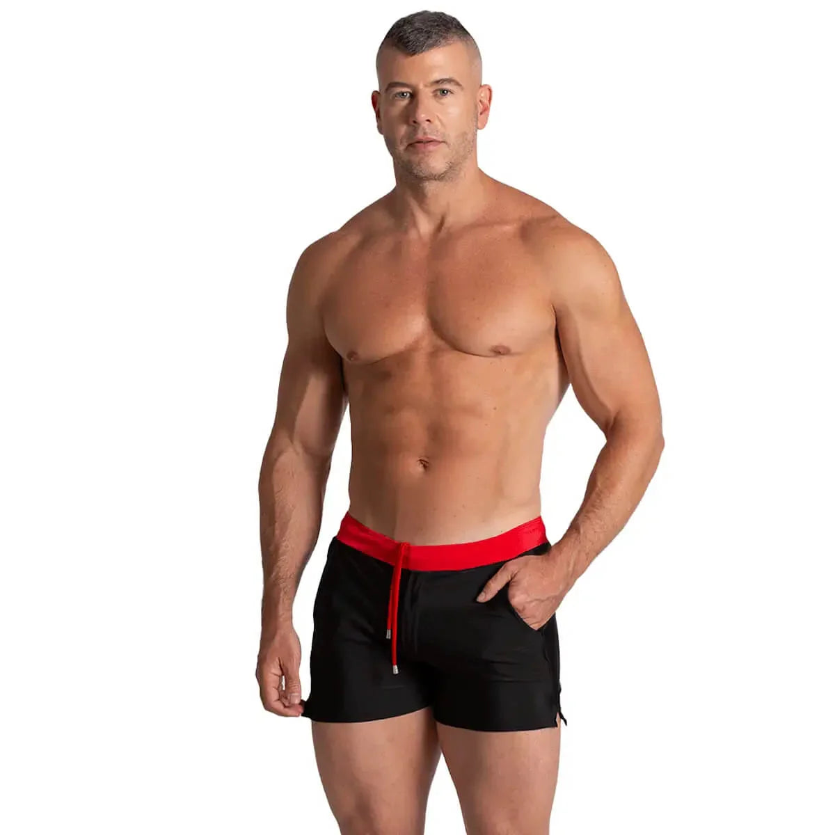 Alfa Black Red Beachwear on model by Gigo Underwear