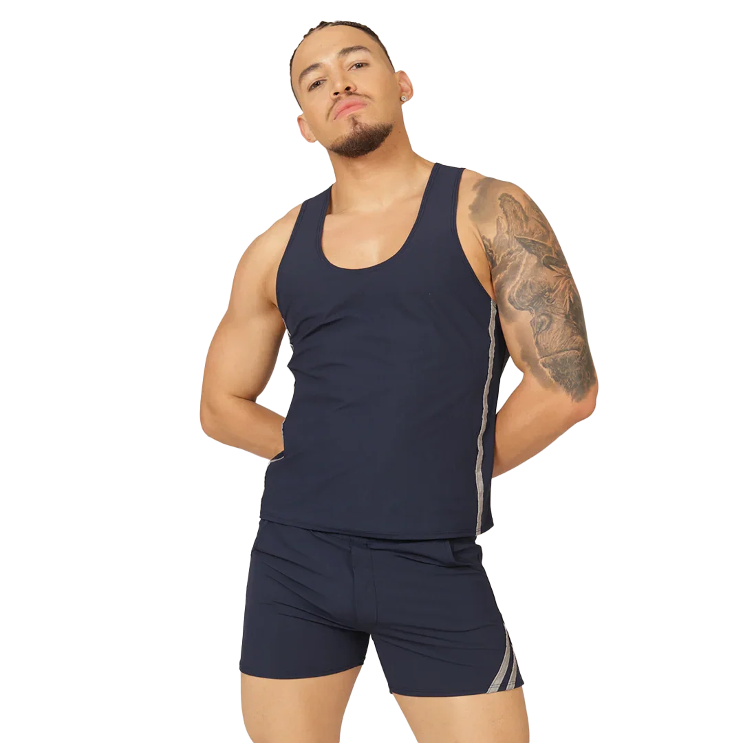 Club Blue Tank on model by Gigo Underwear
