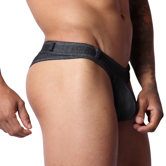 Denim Black Thong front view by Gigo Underwear