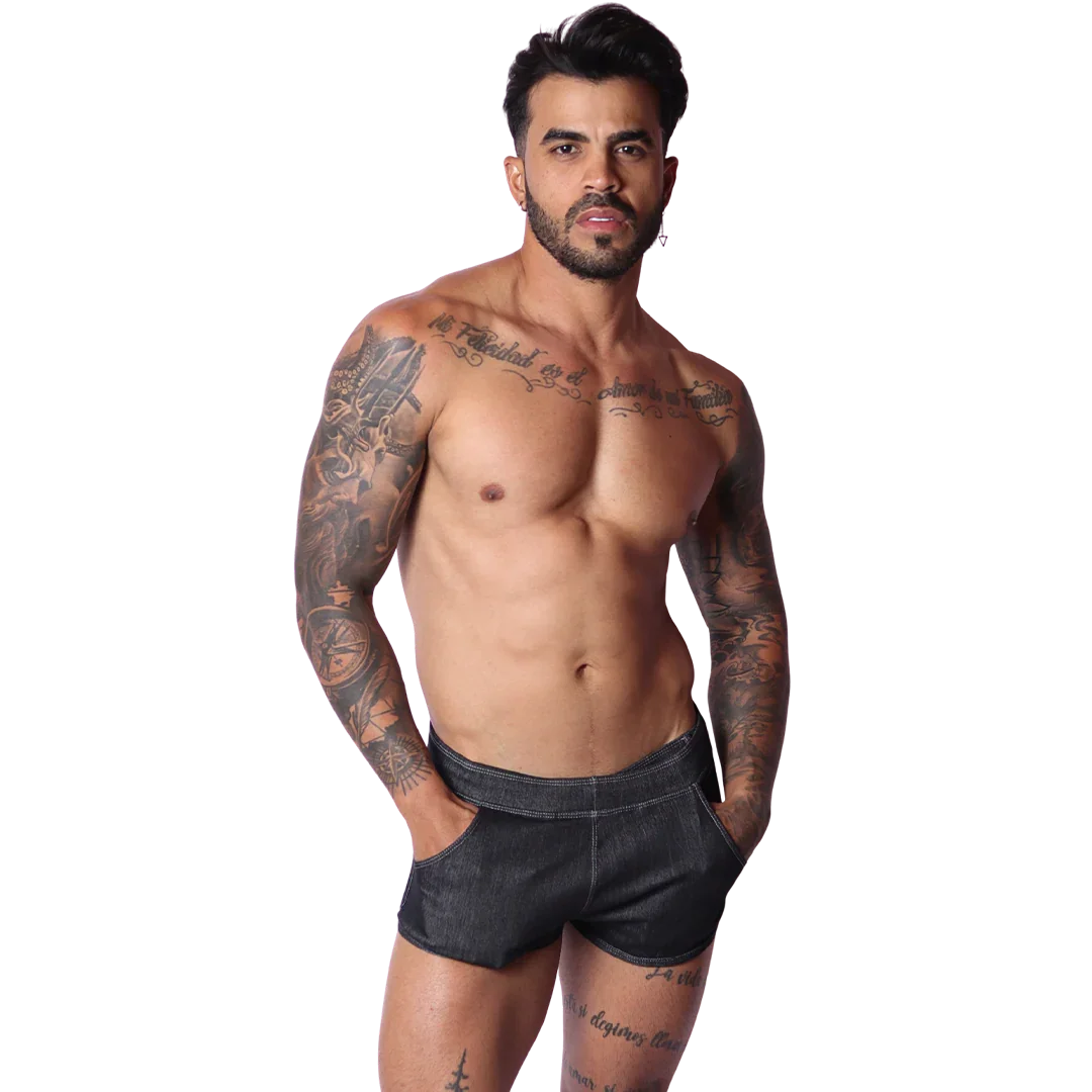 Denim Black Hot Shorts on model by Gigo Underwear