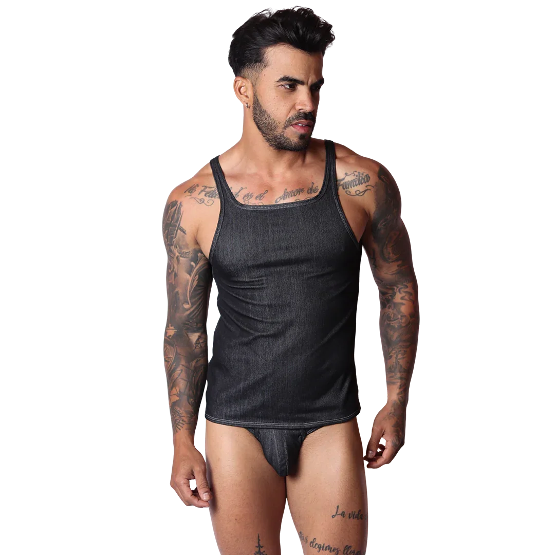 Denim Black Tank on model by Gigo Underwear