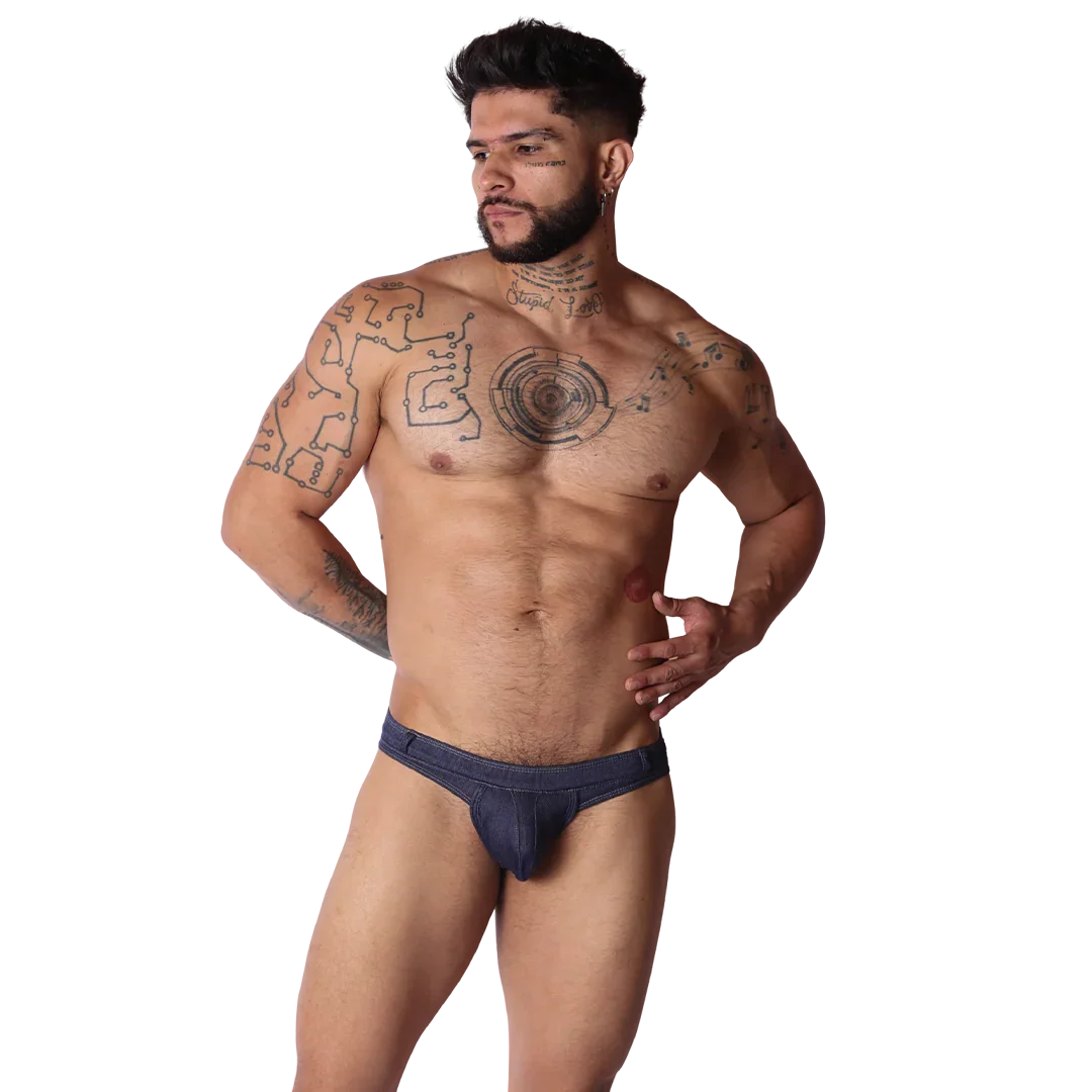 Denim Blue Thong on model by Gigo Underwear