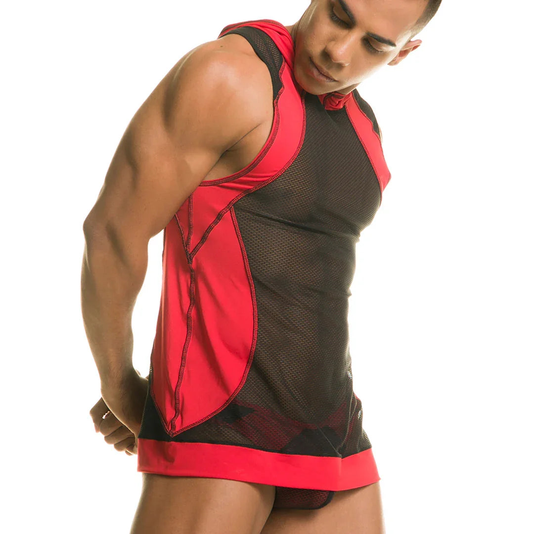 Destructive Red Hoody Tshirt on model by Gigo Underwear