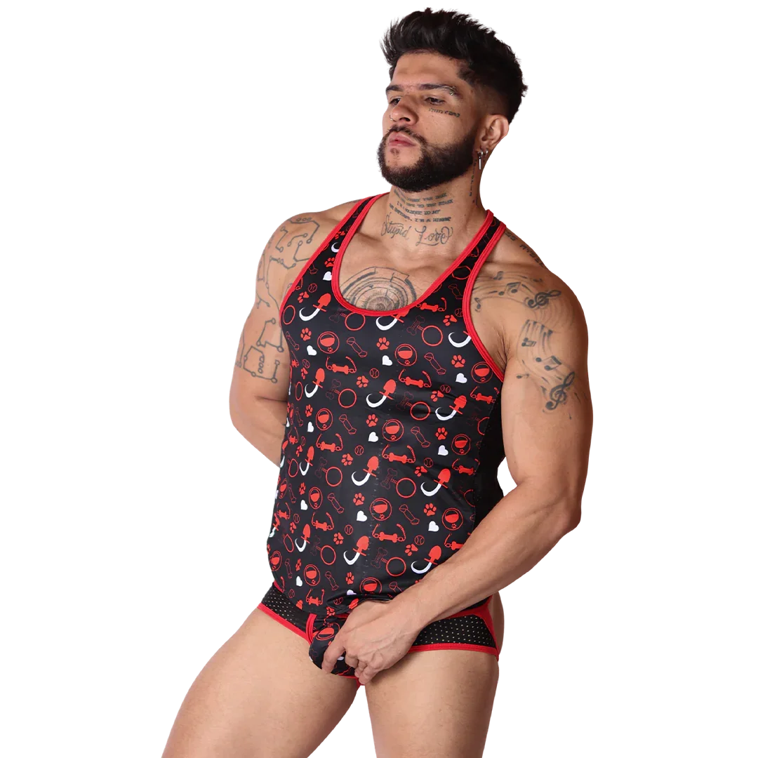 Dog Red Tank on model by Gigo Underwear