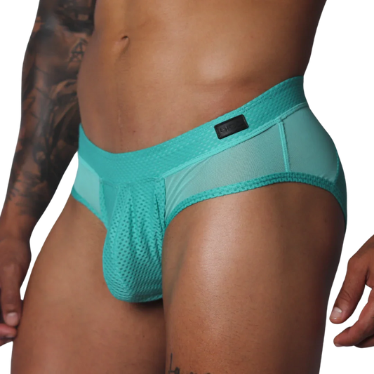 Evocative Aqua Brief front view by Gigo Underwear