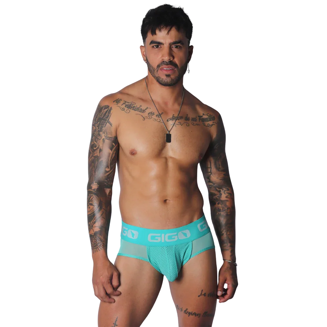 Evocative Aqua Jock Thong on model by Gigo Underwear