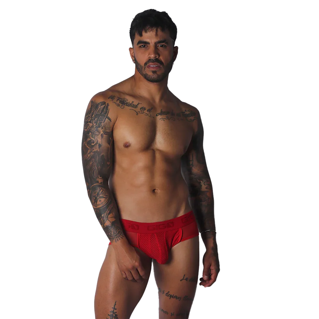 Evocative Red Jock Thong on model by Gigo Underwear