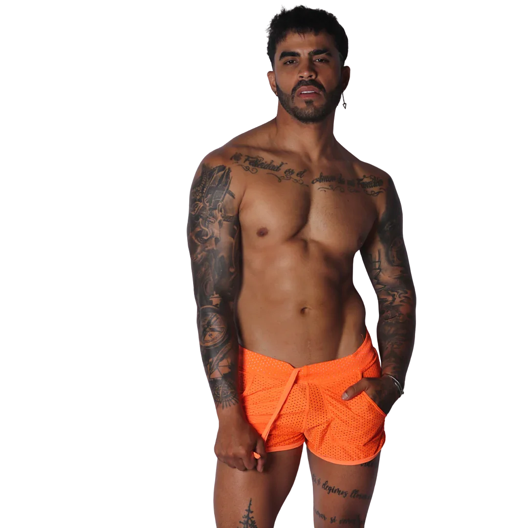 Exit Orange Short on model by Gigo Underwear