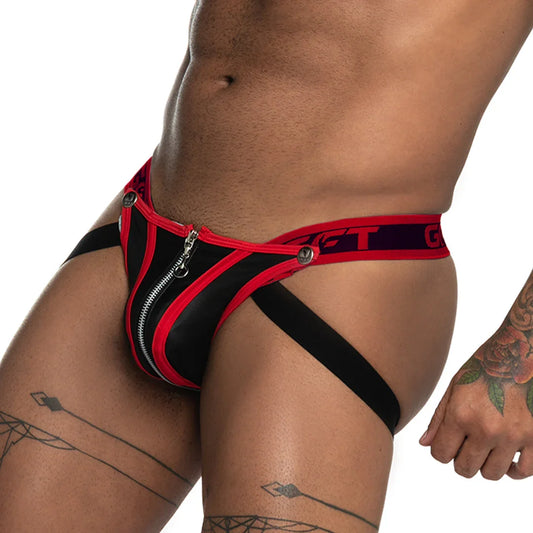 Fetiche Red Zipper Jockstrap front view by Gigo Underwear