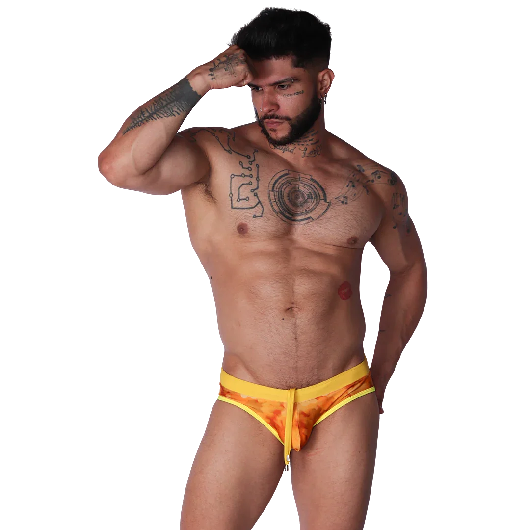 Floral Yellow Swim Brief on model by Gigo Underwear