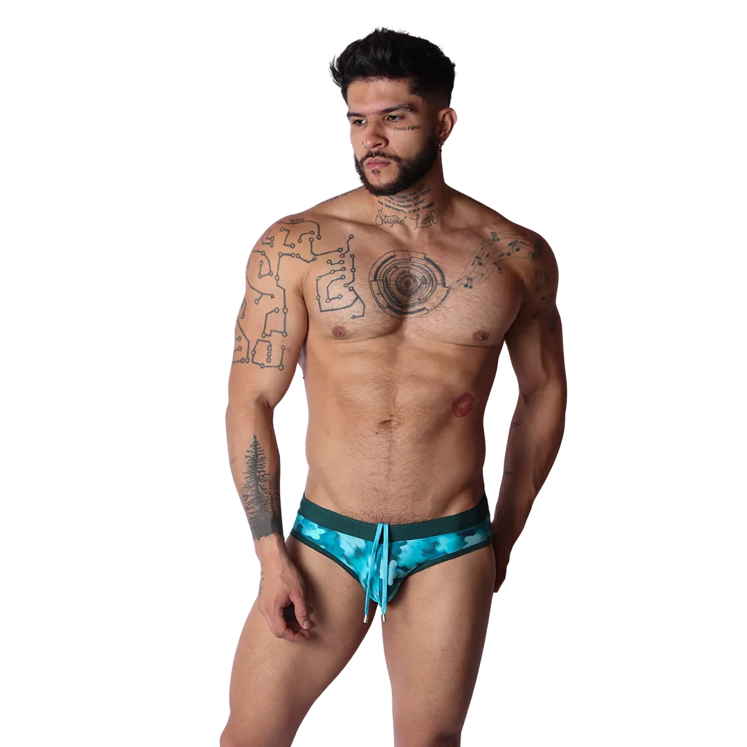 Floral Blue Swim Brief on model by Gigo Underwear