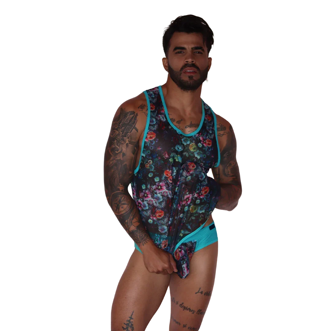 Garden Blue Tank on model by Gigo Underwear