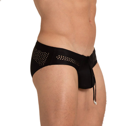 Hole Black Swim Brief front view by Gigo Underwear