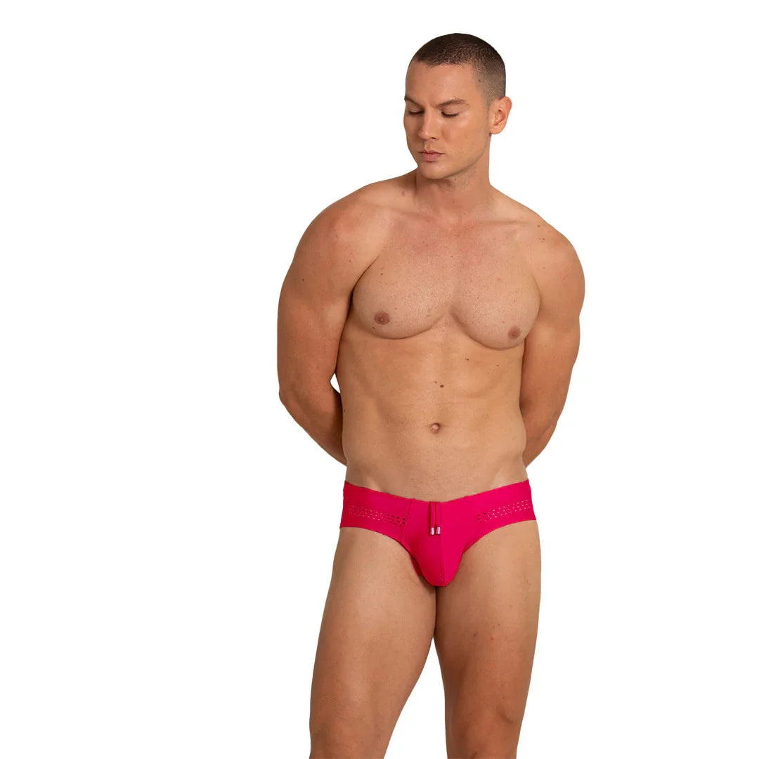 Hole Red Swim Brief on model by Gigo Underwear