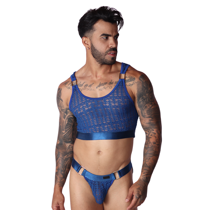 Illusion Blue Crop Top on model by Gigo Underwear