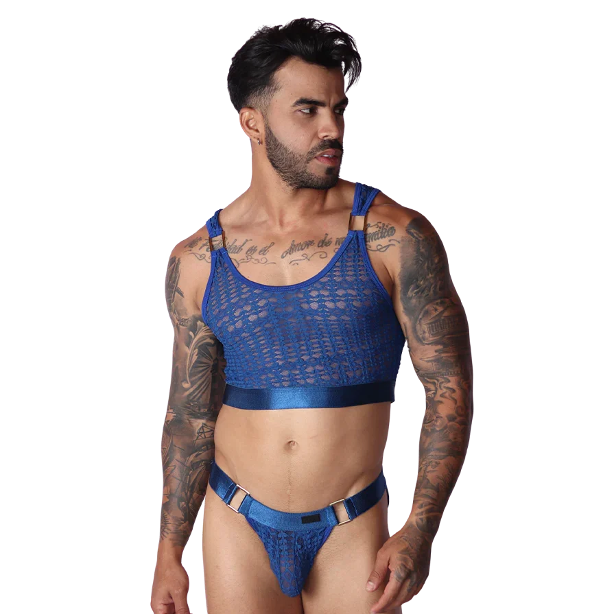 Illusion Blue Crop Top on model by Gigo Underwear