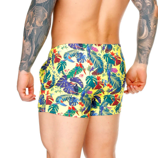 Macaws Yellow Beachwear front view by Gigo Underwear