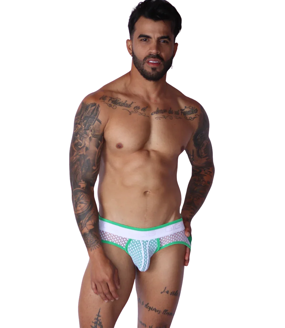 Net Green Jock Thong on model by Gigo Underwear