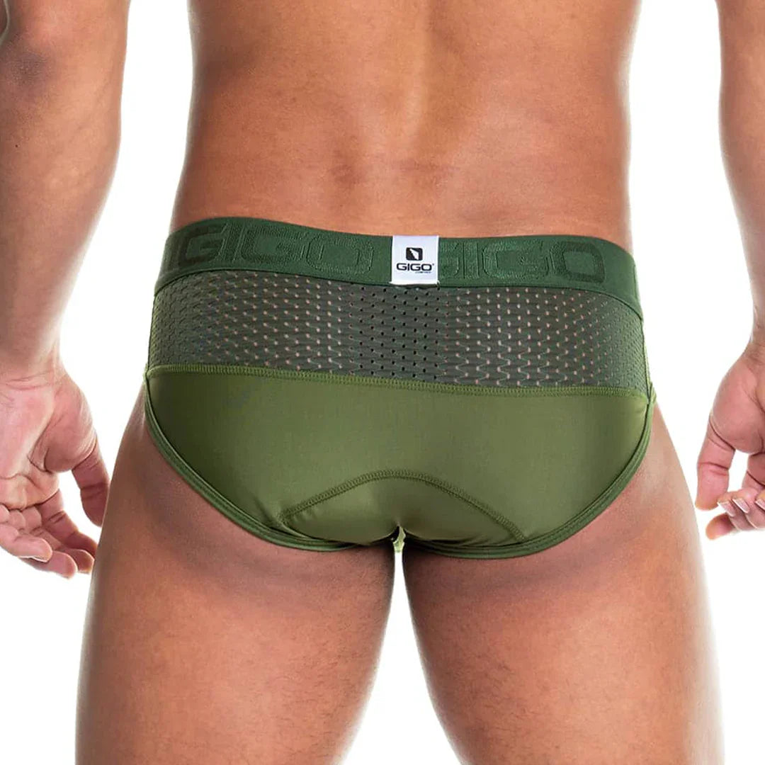 Prudence Green Brief on model by Gigo Underwear