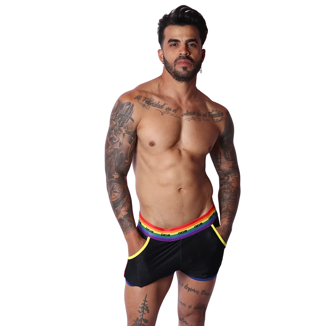 Pride Shorts on model by Gigo Underwear