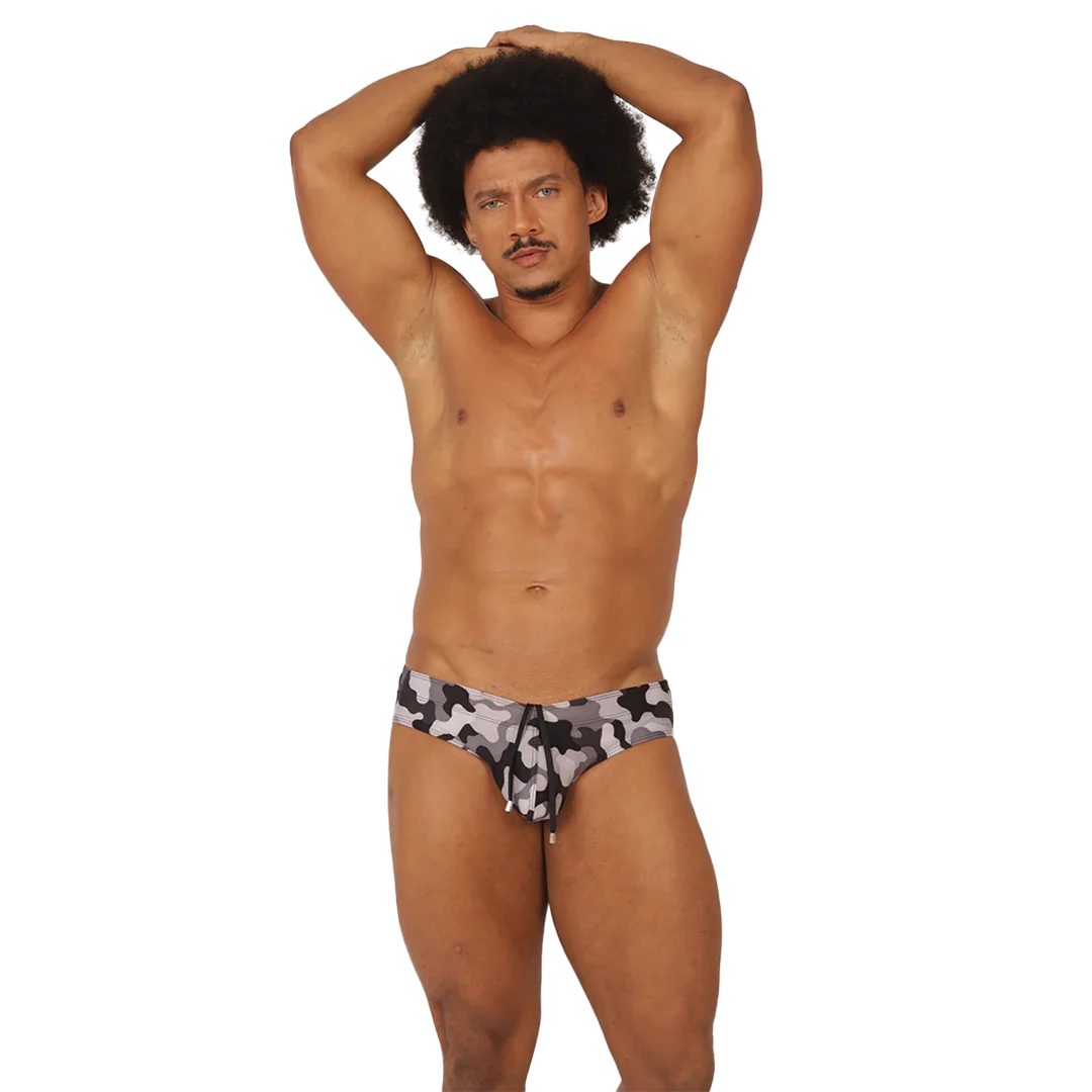 Rank Camouflaged Swim Brief on model by Gigo Underwear
