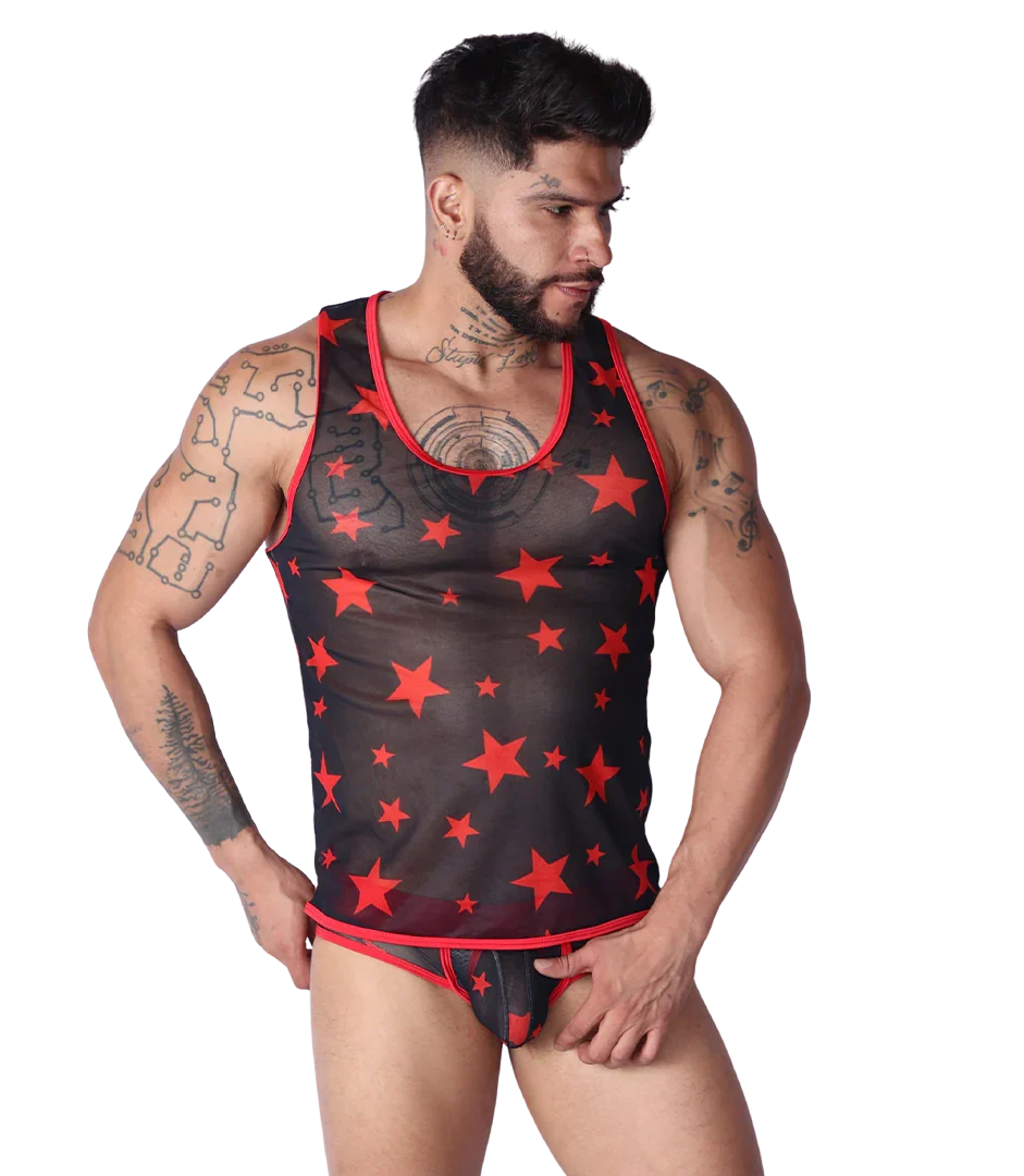 Star Red Tank on model by Gigo Underwear