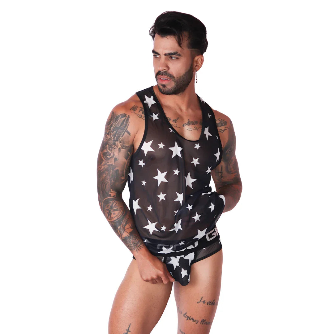 Star White Tank on model by Gigo Underwear