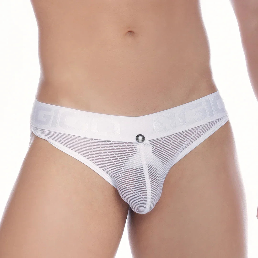 Thrust White Brief on model by Gigo Underwear