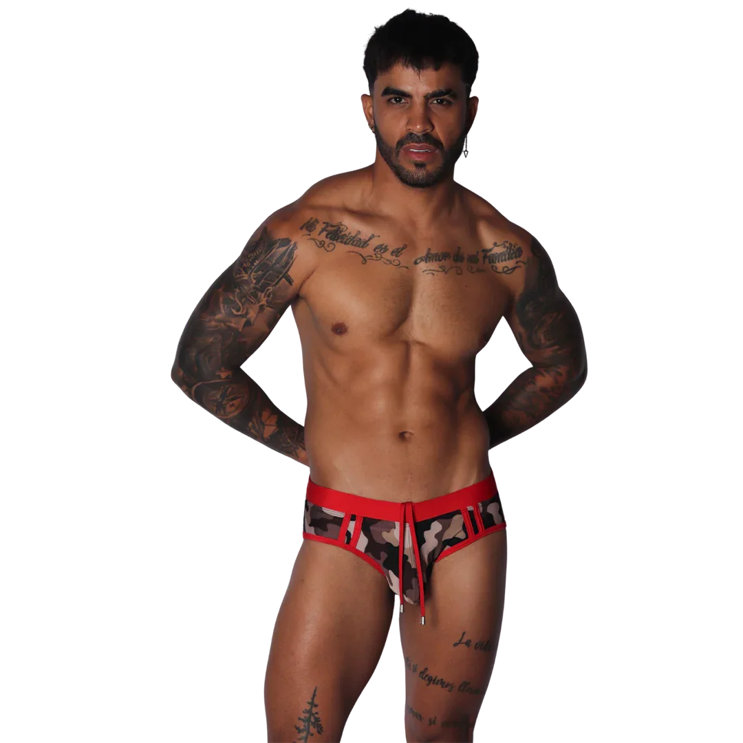 Trend Red Swim Brief on model by Gigo Underwear