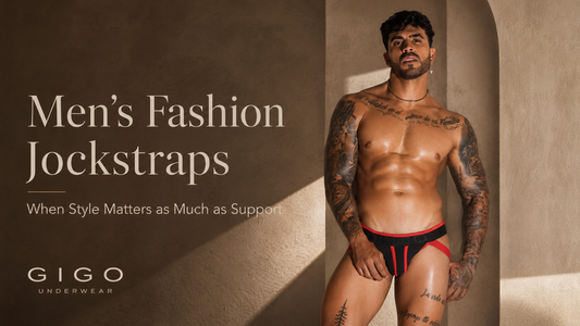 Male model wearing a black and red Gigo fashion jockstrap for a guide to men’s jockstrap style, support and fit