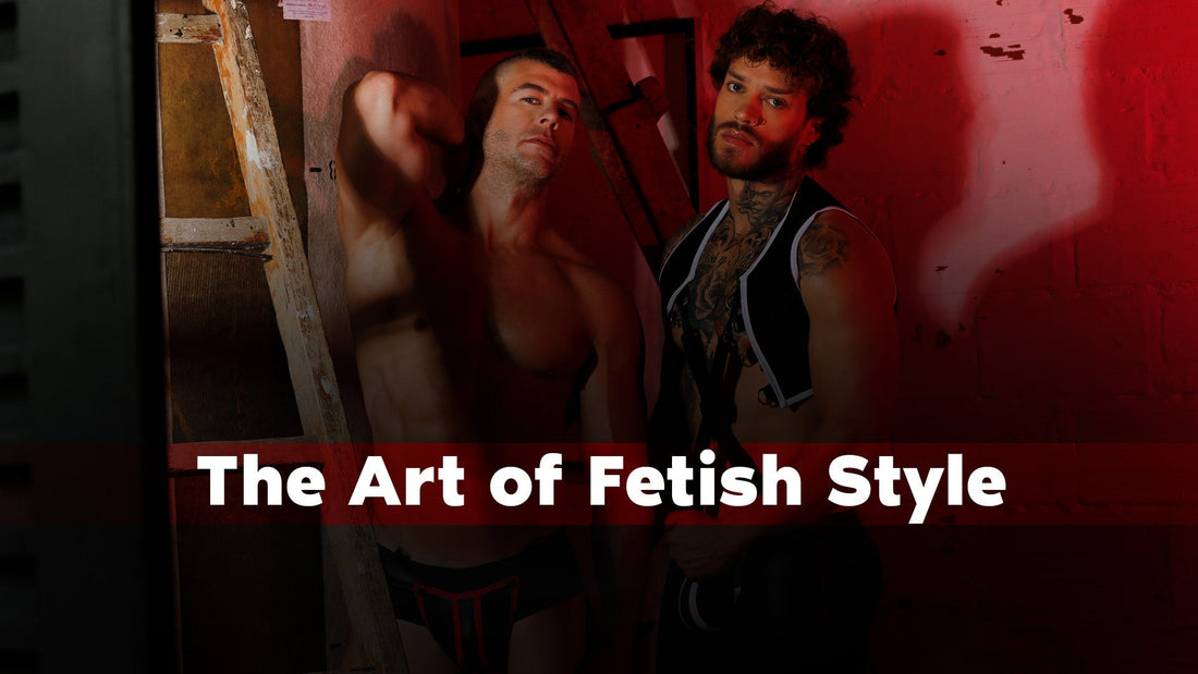 Man wearing a black harness and a tank with shiny details, styled in a modern and elegant soft-fetish look.