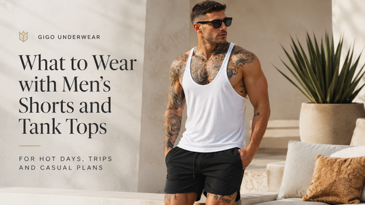 Adult male model wearing a white Gigo tank top and black Gigo shorts in a premium warm-weather editorial setting for a men’s shorts and tank tops styling guide.