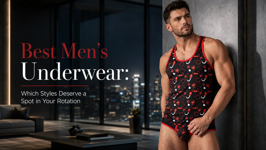 Adult male model wearing a black and red Gigo Underwear tank and matching brief in a premium editorial blog cover for best men’s underwear styles