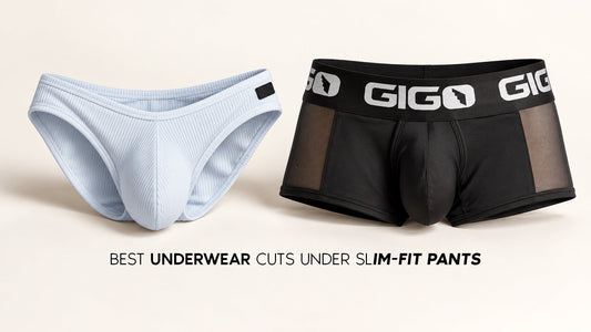 Light blue brief and black GIGO trunk for men, featuring the best underwear cuts to wear under slim-fit pants