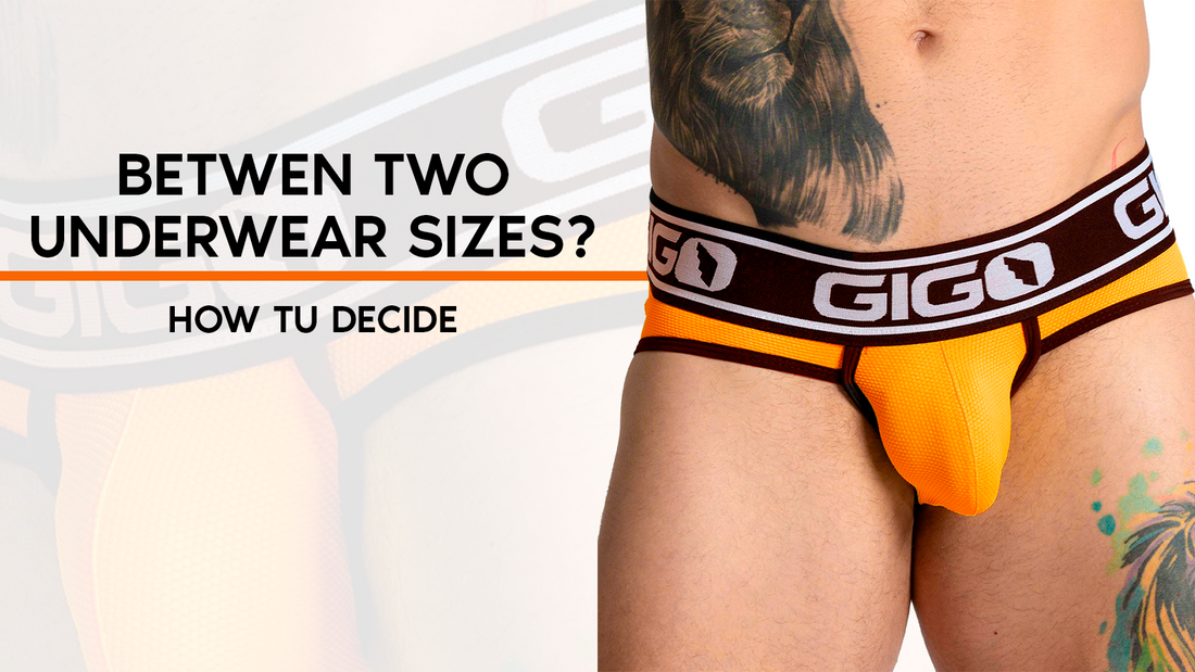 Gigo model wearing fitted men’s underwear for a guide to choosing between two sizes