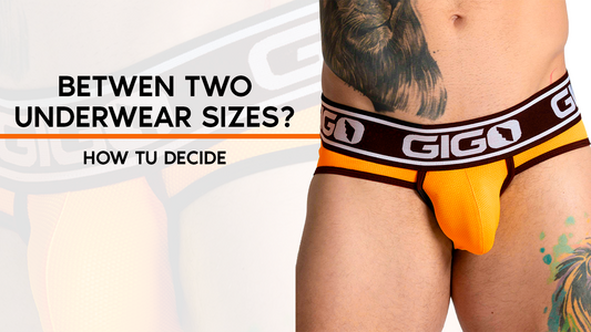 Gigo model wearing fitted men’s underwear for a guide to choosing between two sizes