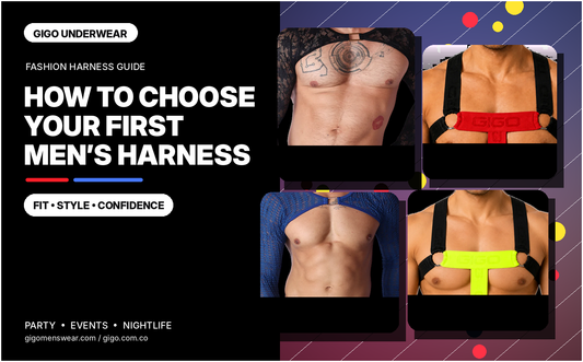 Men’s harness editorial cover featuring Gigo fashion harnesses in black, blue, red and yellow for a first harness styling guide