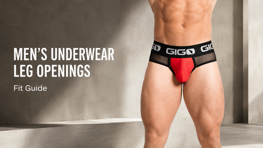 Model wearing red and black Gigo underwear showing the fit of the leg openings around the upper thighs