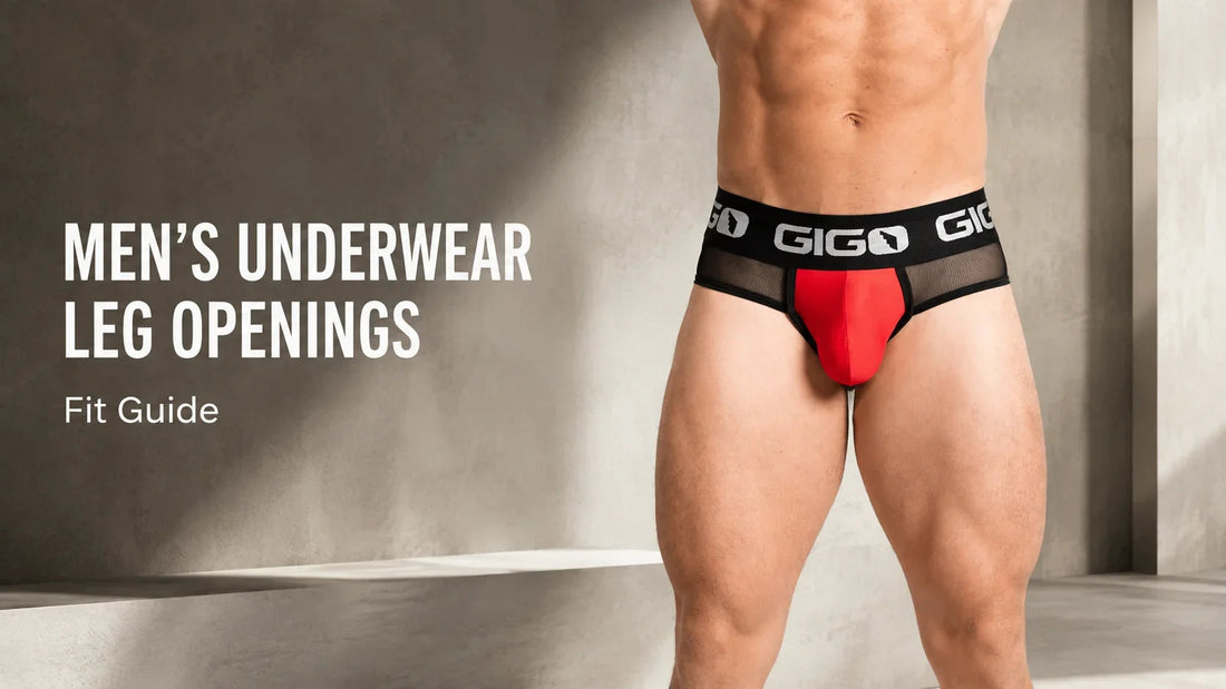 Model wearing red and black Gigo underwear showing secure leg openings around the upper thighs without digging or riding up.