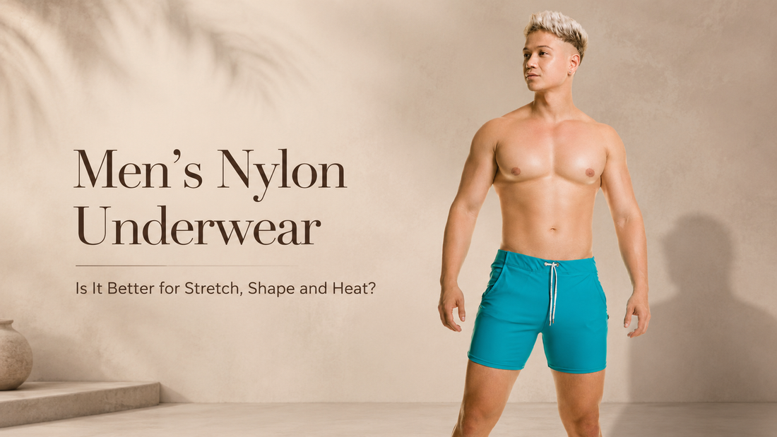Editorial blog cover for Gigo Underwear showing a male model in turquoise Classic Beachwear on a warm neutral studio background with the title Men’s Nylon Underwear.