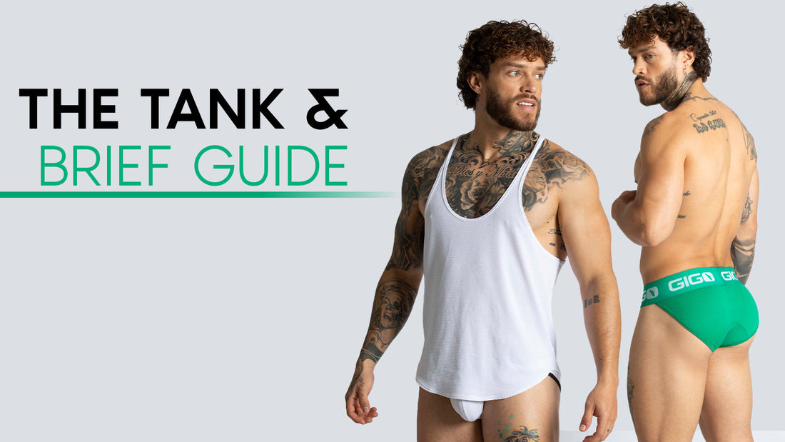 Two male models, one wearing a white tank and white brief and the other a green GIGO brief, beside the text “The Tank & Brief Guide”