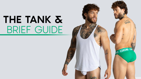 Two male models, one wearing a white tank and white brief and the other a green GIGO brief, beside the text “The Tank & Brief Guide”