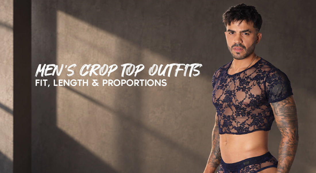 Male model in a navy lace crop top and matching brief for a men’s crop top outfits guide on fit, length and proportions by Gigo Underwear