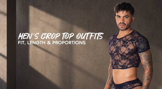 Male model in a navy lace crop top and matching brief for a men’s crop top outfits guide on fit, length and proportions by Gigo Underwear