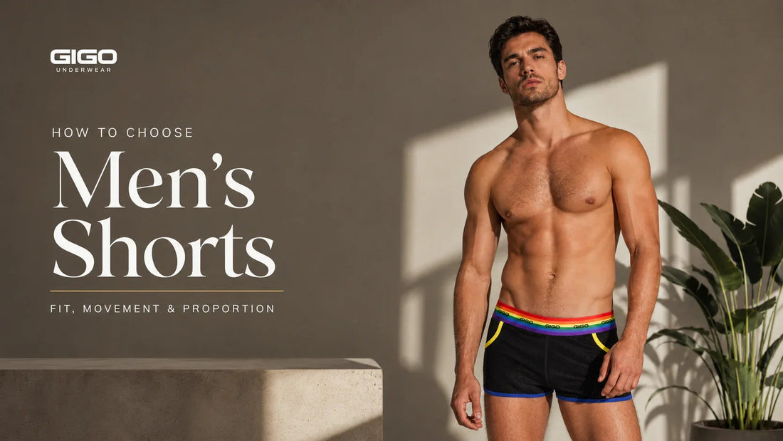 Male model wearing Gigo black men’s shorts with rainbow waistband, yellow pocket trim and blue hem, featured in a premium editorial blog cover about fit, movement and proportion.