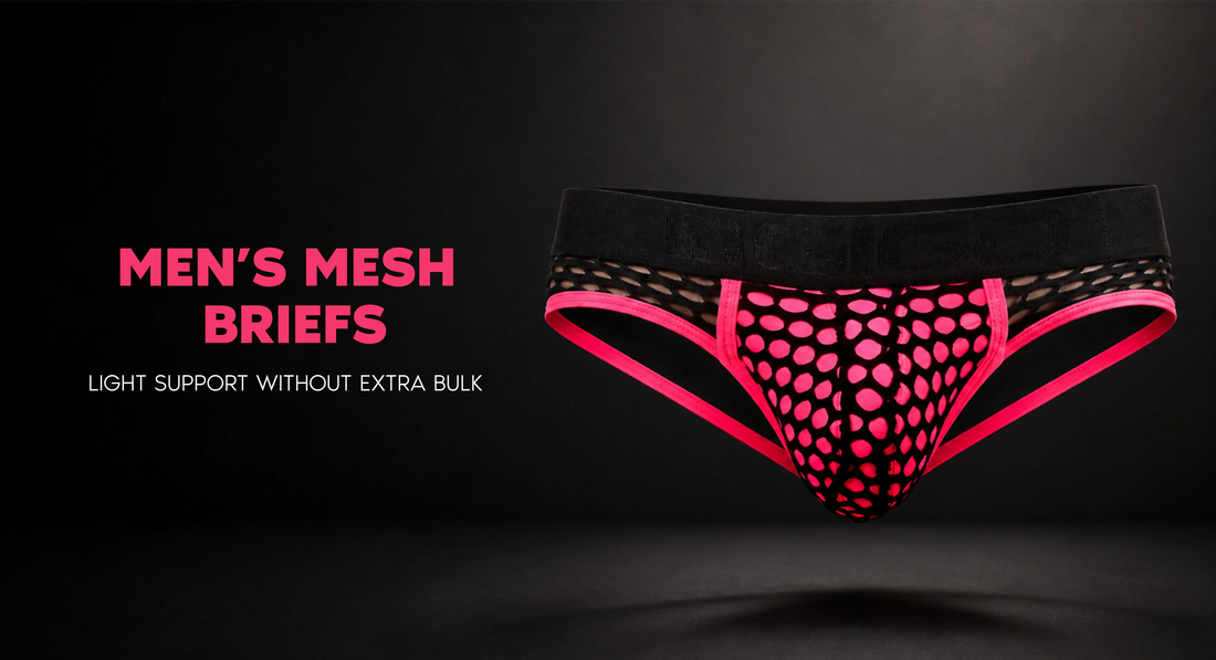 Adult male model wearing men’s mesh briefs with a clean supportive fit, lightweight fabric texture, and modern Gigo Underwear styling