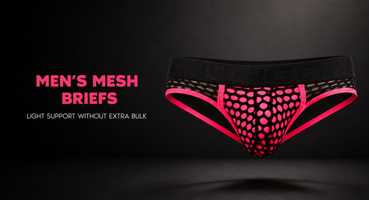 Adult male model wearing men’s mesh briefs with a clean supportive fit, lightweight fabric texture, and modern Gigo Underwear styling