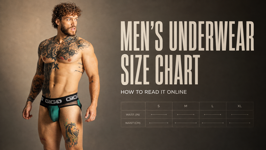 Male model wearing Gigo underwear beside the title Men’s Underwear Size Chart: How to Read It Online.